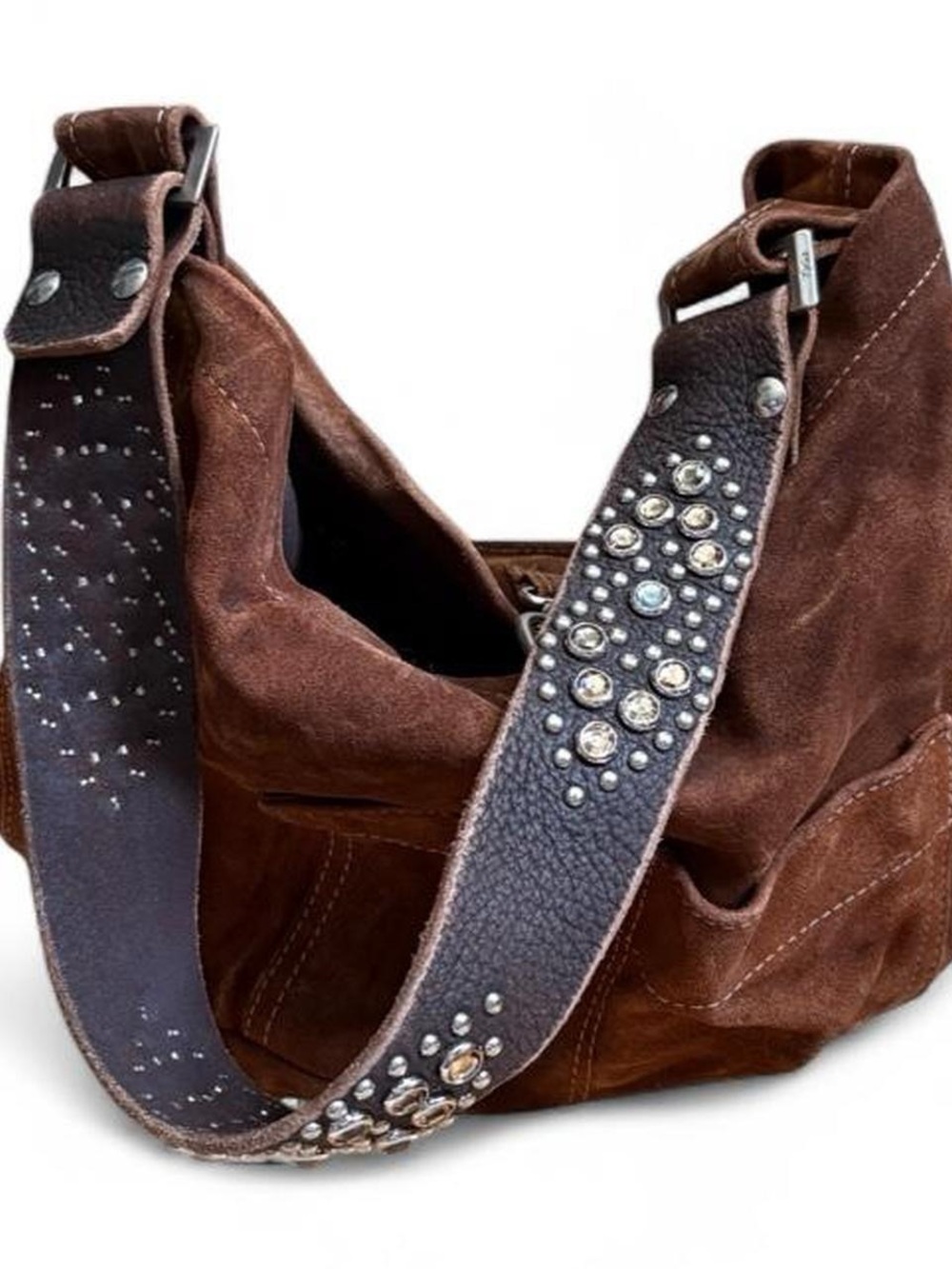 Tylie Malibu Bag Classic Utility Brown Suede Leather w/ Stud & Crystal Accents - Picture 2 of 6